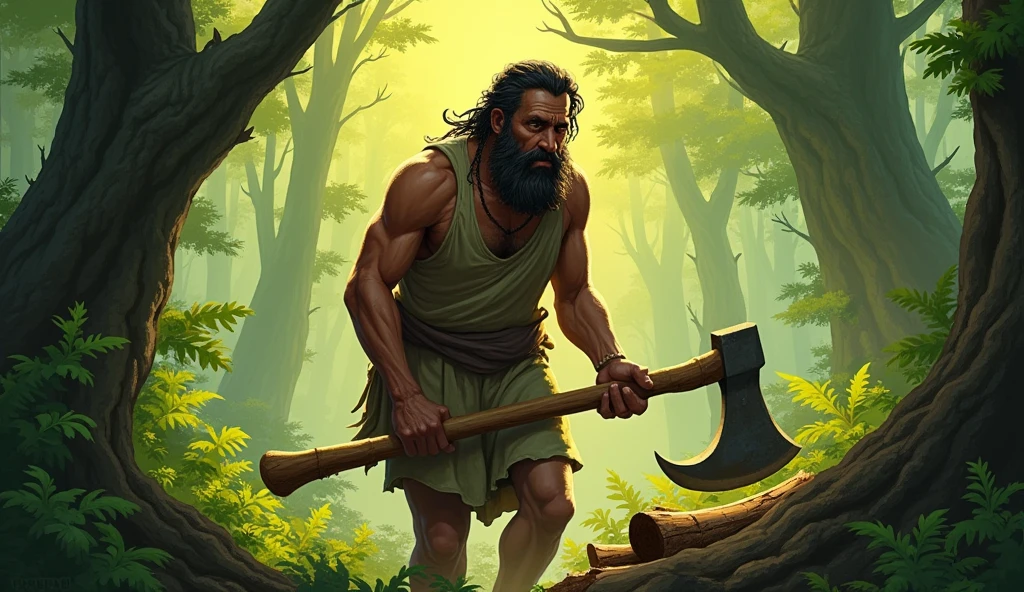 A poor woodcutter named Ramoo in a dense forest, chopping wood with an old, worn-out axe. The forest is lush and green, with sunlight filtering through the trees.