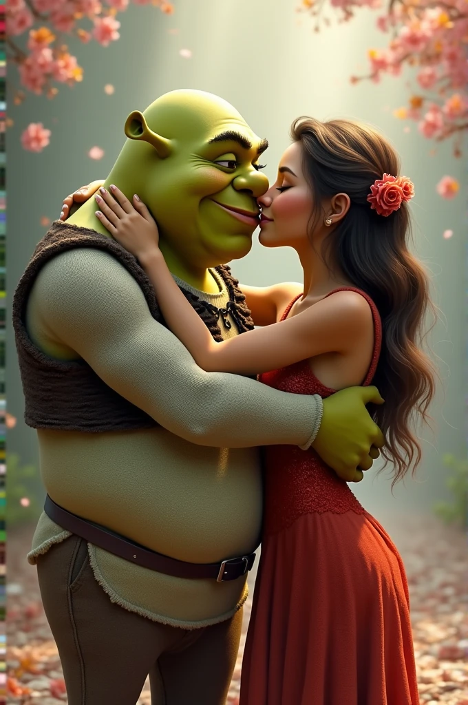 Crée moi une image de Shrek qui embrasse McQueen