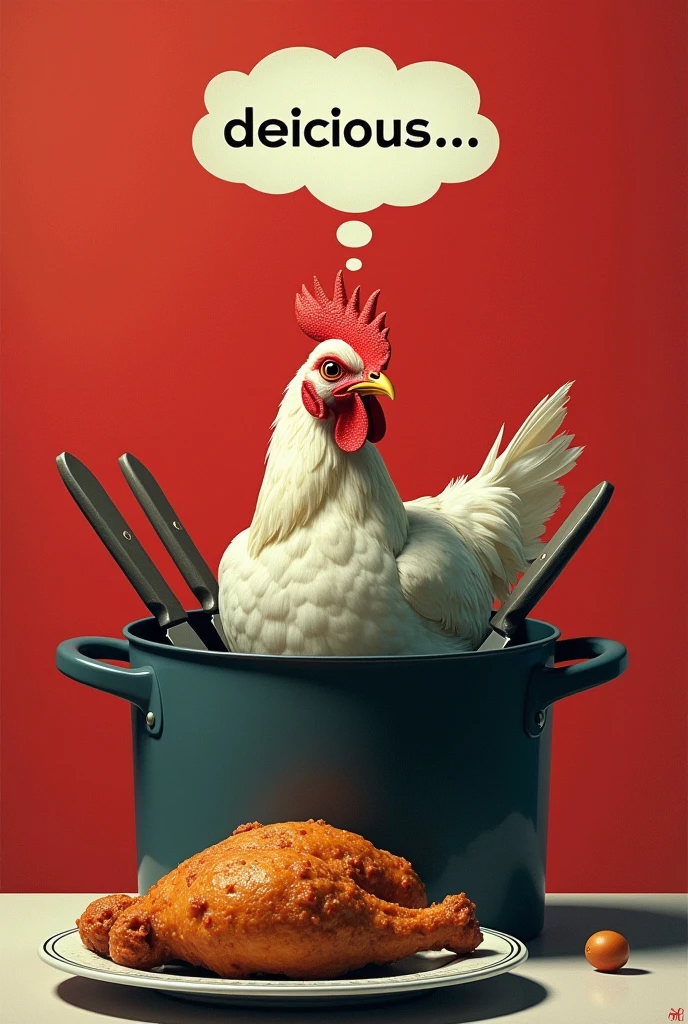 A red and white background, a pot with a fire underneath and a live chicken inside the pot, a crossed two knifes on the top, a fried chicken on aside, the chiken in the pot looking at the fried chicken write "Delicious ..." as a thought on the top of the chicken head