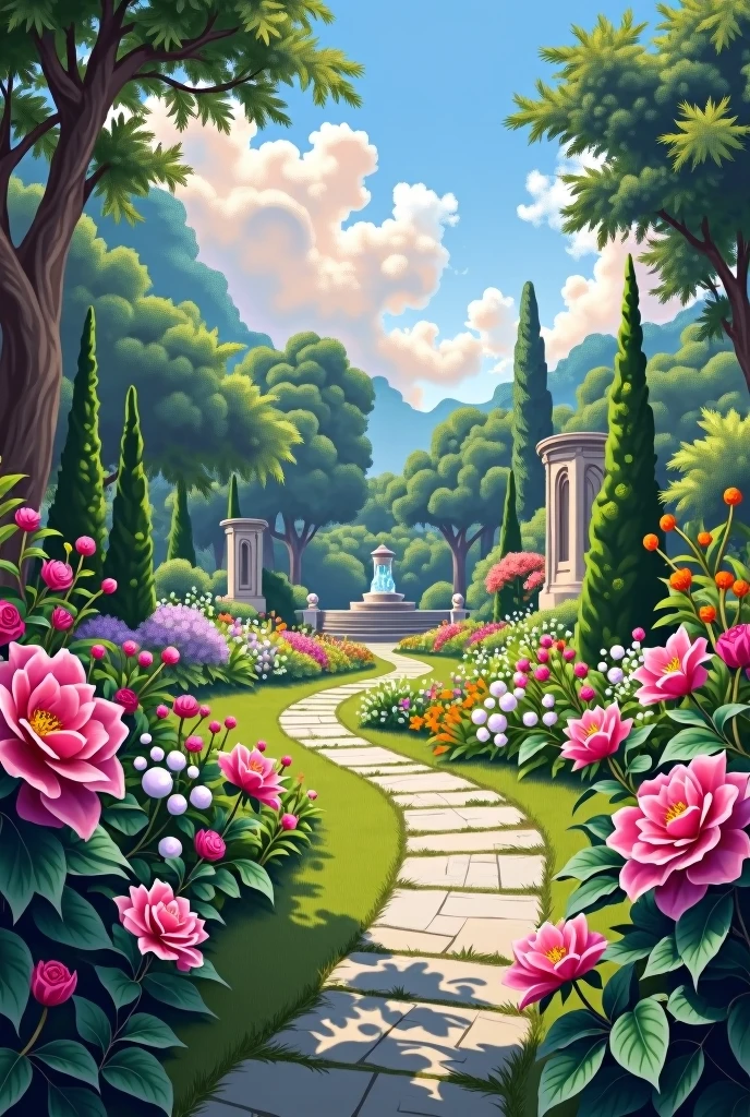 "An exquisite garden rendered in the style of a classical painting, with rich, Vibrant and soft colors, painterly brushstrokes. The garden is filled with a variety of blooming flowers in a harmonious palette, Surrounded by lush vegetation and elegantly shaped trees. A winding stone path leads through the garden, inviting the viewer to explore its beauty. In the background, A charming gazebo or fountain adds a focal point to the scene. The sky above is a delicate mix of blues and soft pinks, with the light filtering through the trees, casting soft shadows and creating a peaceful atmosphere, serene atmosphere. a beautiful flower in first person"