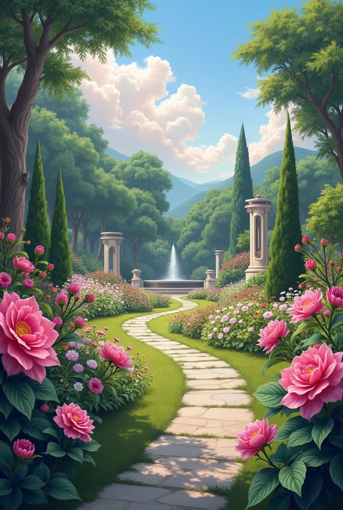"An exquisite garden rendered in the style of a classical painting, with rich, Vibrant and soft colors, painterly brushstrokes. The garden is filled with a variety of blooming flowers in a harmonious palette, Surrounded by lush vegetation and elegantly shaped trees. A winding stone path leads through the garden, inviting the viewer to explore its beauty. In the background, A charming gazebo or fountain adds a focal point to the scene. The sky above is a delicate mix of blues and soft pinks, with the light filtering through the trees, casting soft shadows and creating a peaceful atmosphere, serene atmosphere. a beautiful flower in first person"
