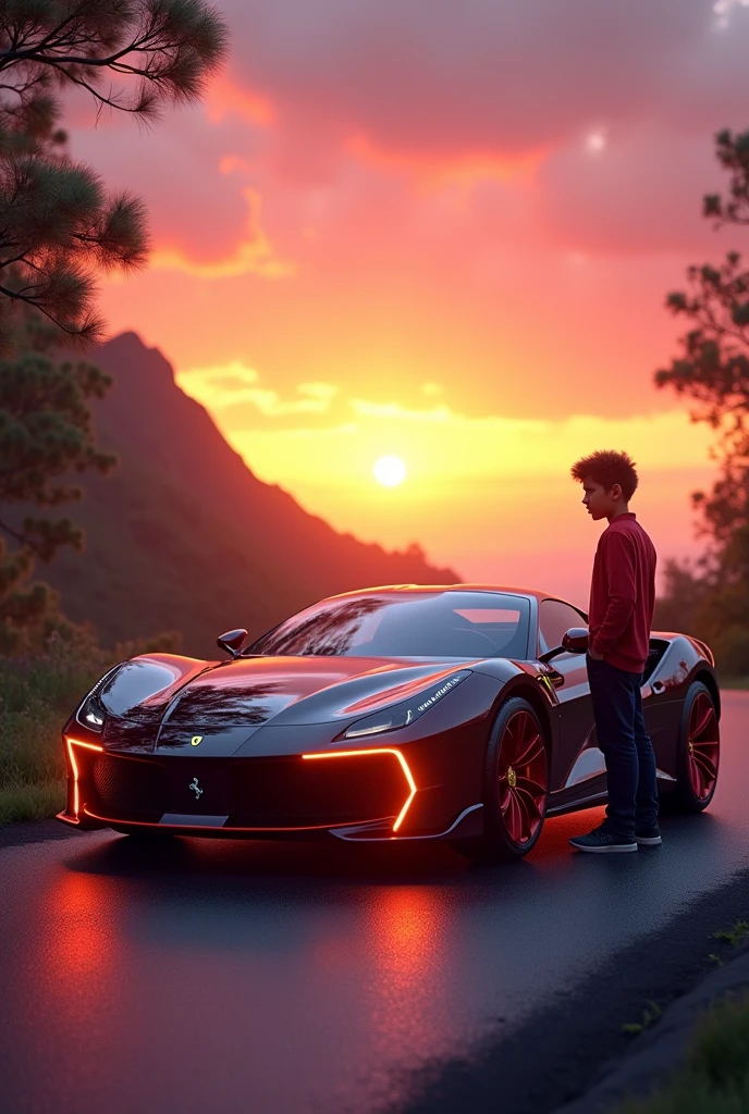 Farari car standing on road in sunset with RGB light ultra realistic and 1 boy standing in cars