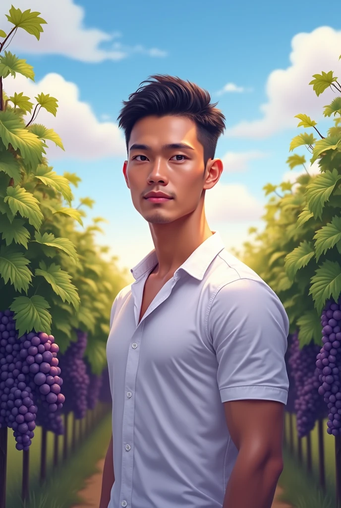 Handsome Thai man tan skin short hair wearing white shirt standing in front of grape garden, blue sky in the morning, purple atmosphere 