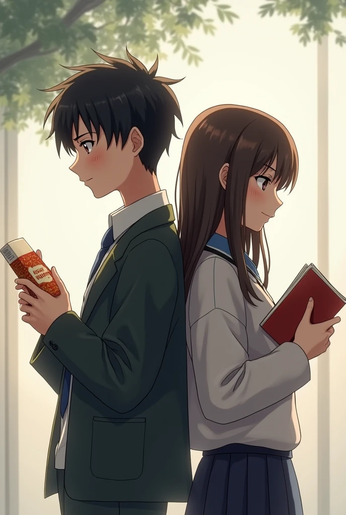 make high school boy and girl back to back, the boy holding a wafer richeese, the girl holding a book. The biy's face looked a little blushed while the girl just looked down without expression