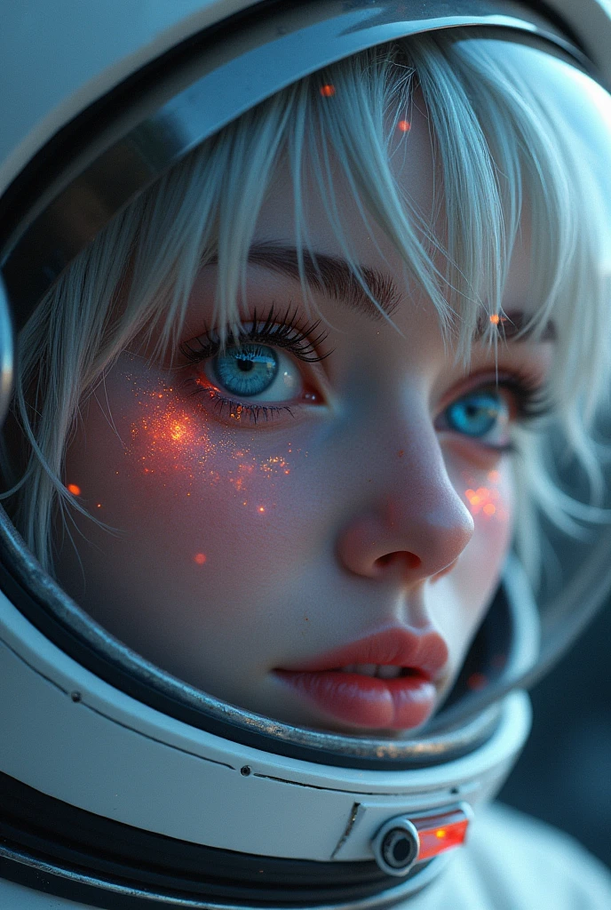 (Close-up of a better masterpiece:1.5)0.9], (Space and astronauts:1.2) (Messy silver hair:1.1) (Heterochromia xanthochromia and blue eyes:1.2) (Space Helmet:1.0) (Colored stars in the eyes:1.0) (A radiant glow:1.1) (thick lips:0.9) so muda a mae 