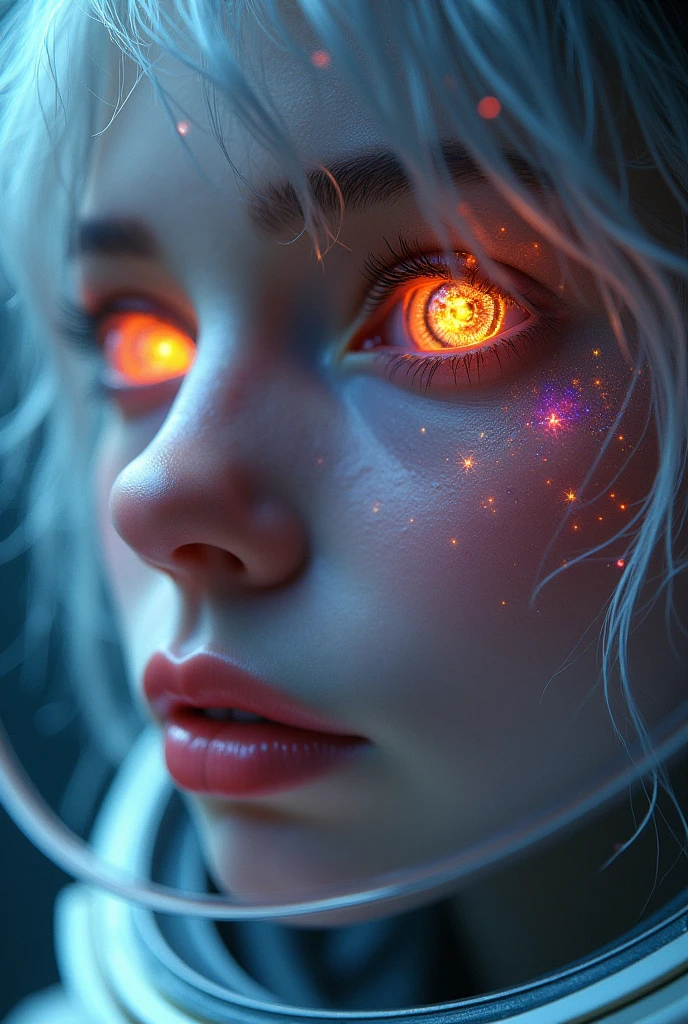 (Close-up of a better masterpiece:1.5)0.9], (Space and astronauts:1.2) (Messy silver hair:1.1) (Heterochromia xanthochromia and blue eyes:1.2) (Space Helmet:1.0) (Colored stars in the eyes:1.0) (A radiant glow:1.1) (thick lips:0.9) so muda a mae 