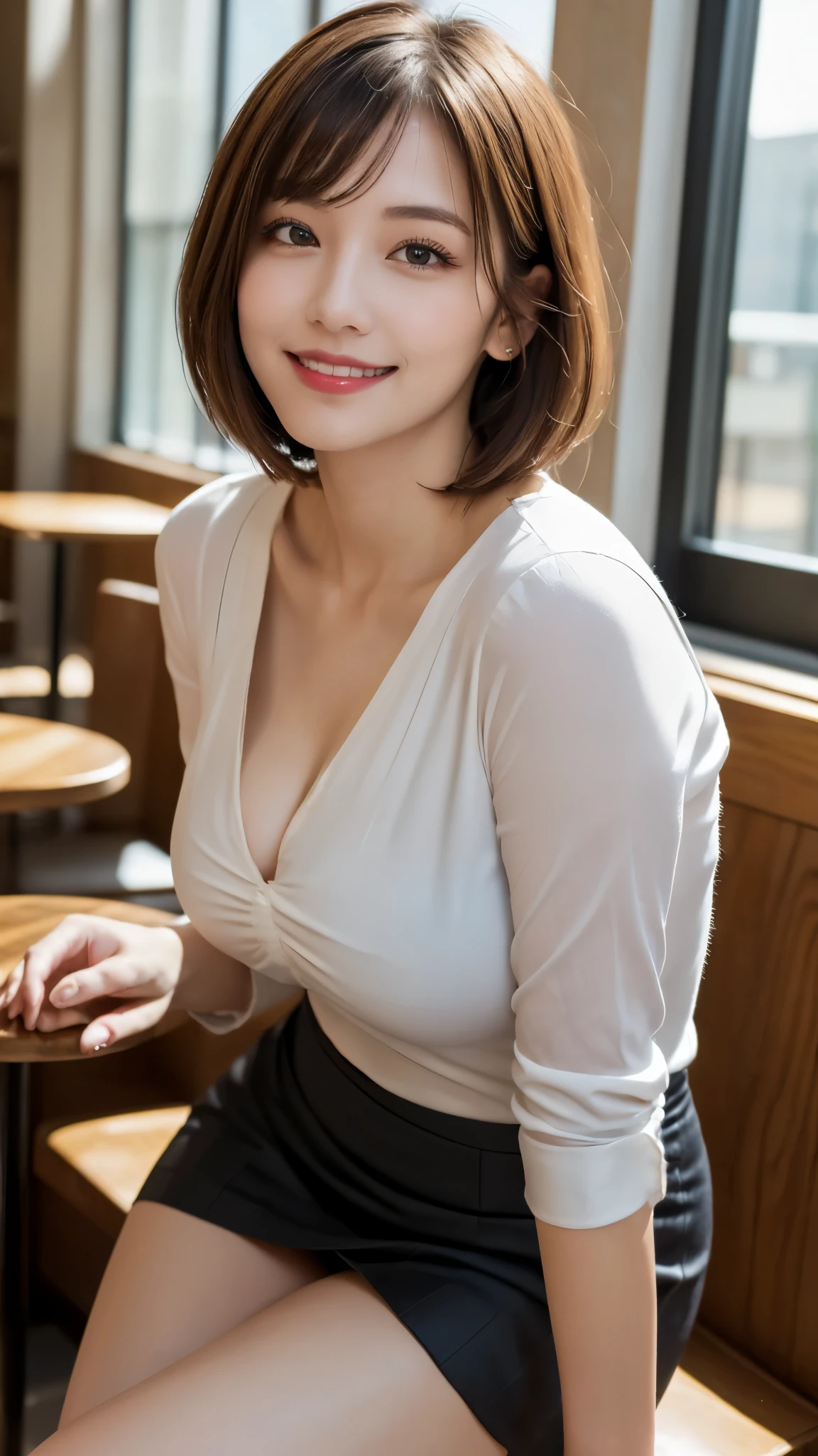 (Photorealistic, 32k, RAW photo, best quality:1.4), (masterpiece:1.3), (ultra high resolution, ultra realistic, highly detailed, golden ratio, ultra detailed), natural makeup, intricate cloth texture, finely detailed hair texture, beautiful full-body view, perfect female form, anatomically accurate, highly detailed face and skin, (elegant hands), (realistic skin), (beautiful pale skin:1.1), (perfectly dynamic composition, engaging the viewer:1.3), (wearing a professional office attire, blouse and skirt, smart casual:1.3),
BREAK,
realistic eyes, captivating detailed eyes, symmetric eyes, light brown eyes, double eyelids, thin eyebrows, (glossy lips:1.4), ((kissable expression, seductive smile:1.2)), (blush:1.3),
BREAK,
((short bob cut, dark blonde hair, bangs:1.2)), (Daytime, sitting by a window in a cafe downtown:1.3),