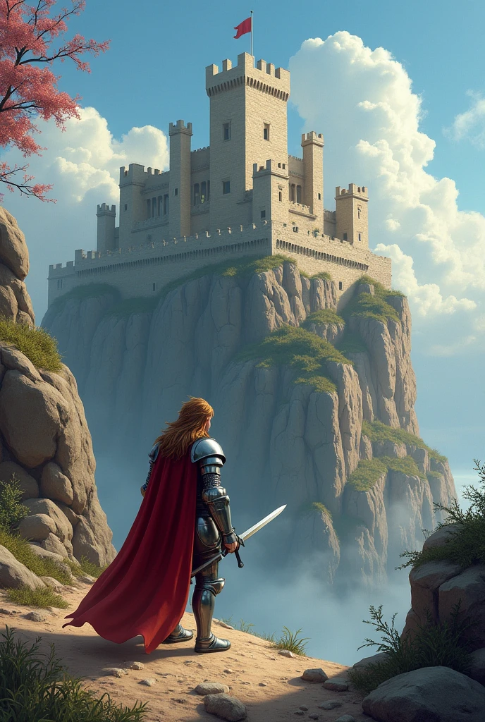 A knight not very tall brown hair with a sword in front of a castle made of stone clay and sand wood also the castle stands on a cliff and the knight is in the foreground further away from the castle as book cover with price indication age restriction