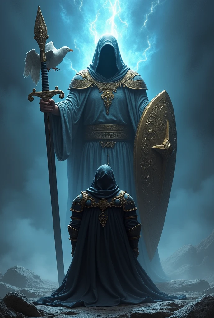 A soldier with a black body armor,with golden edge on the armor, who kneels before Christ who have a sword and Shield have a dove in his shoulder in despite a blue light in his sword,has a golden shield, christ has no face, christ standing behind the solder
