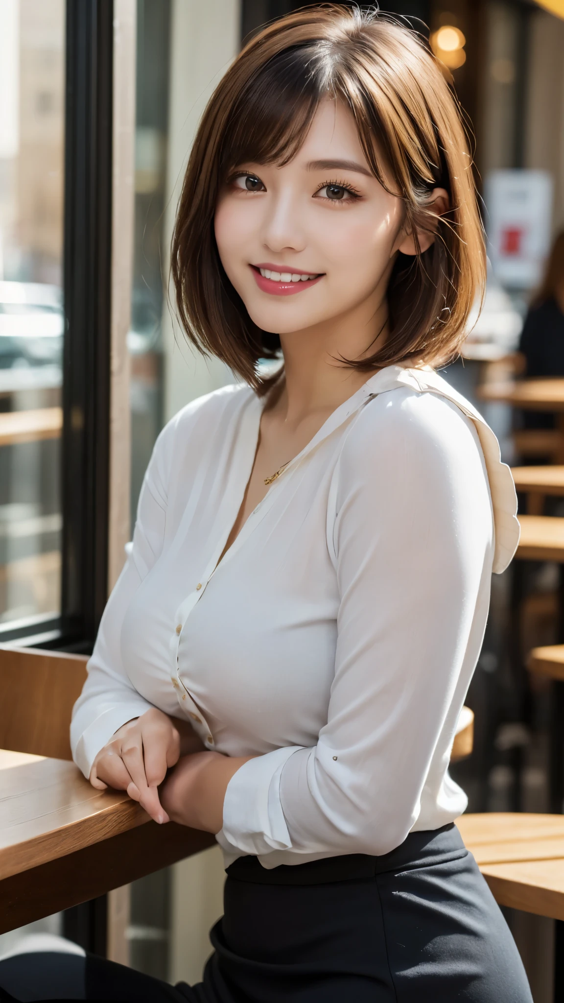 (Photorealistic, 32k, RAW photo, best quality:1.4), (masterpiece:1.3), (ultra high resolution, ultra realistic, highly detailed, golden ratio, ultra detailed), natural makeup, intricate cloth texture, finely detailed hair texture, beautiful full-body view, perfect female form, anatomically accurate, highly detailed face and skin, (elegant hands), (realistic skin), (beautiful pale skin:1.1), (perfectly dynamic composition, engaging the viewer:1.3), (wearing a professional office attire, blouse and skirt, smart casual:1.3),
BREAK,
realistic eyes, captivating detailed eyes, symmetric eyes, light brown eyes, double eyelids, thin eyebrows, (glossy lips:1.4), ((kissable expression, seductive smile:1.2)), (blush:1.3),
BREAK,
((short bob cut, dark blonde hair, bangs:1.2)), (Daytime, sitting by a window in a cafe downtown:1.3),