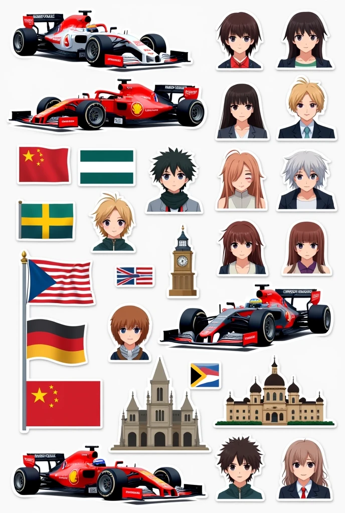 Make me a printable stickers with different contents like different f1 cars, flags of the world, famous anime, landmarks of the world 
