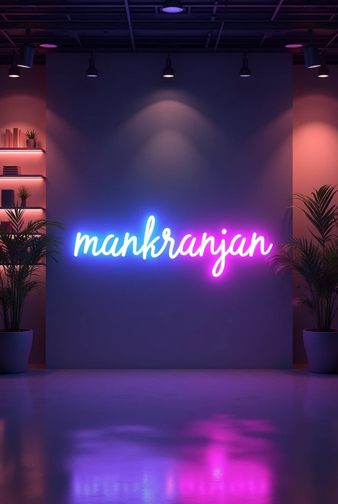 Create a YouTube studio background with a modern and sleek design. In the center of the background, display the name 'Mankranjan` in bright neon lights with correct spelling. The neon lights should be in a vibrant color, such as electric blue or neon pink. Surround the neon text with subtle, complementary lighting and decor that enhances the studio aesthetic. The overall ambiance should be stylish, professional, and inviting, perfect for a YouTube content creator's studio studio