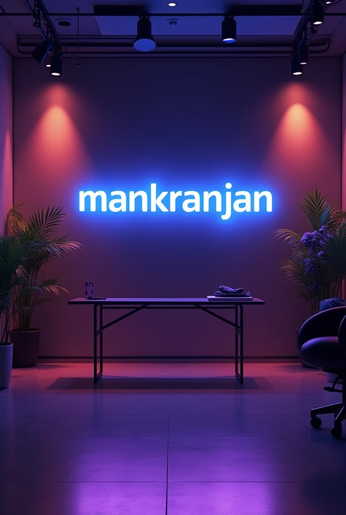 Create a YouTube studio background with a modern and sleek design. In the center of the background, display the name 'Mankranjan` in bright neon lights with correct spelling. The neon lights should be in a vibrant color, such as electric blue or neon pink. Surround the neon text with subtle, complementary lighting and decor that enhances the studio aesthetic. The overall ambiance should be stylish, professional, and inviting, perfect for a YouTube content creator's studio studio