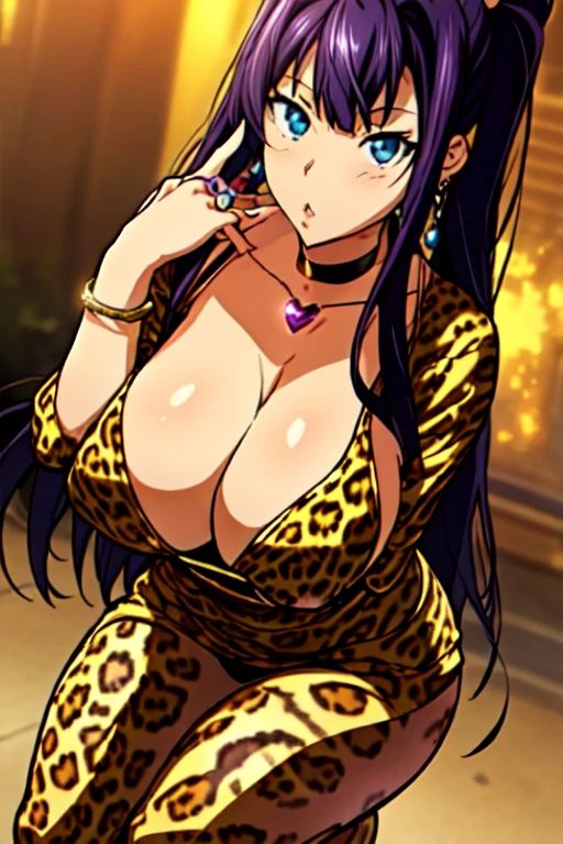 perfect eyes:1.2, detailed eyes:1.4, skindentation,leopard printed thin long sleeve one piece with v neck cleavage ,Skirt type one piece,Blue eyes, Purple hair, ((blunt bangs)), twin tail,Bare neck, 20yo, Young female, Beautiful Finger, Beautiful long legs, Beautiful body, Beautiful Nose, Beautiful character design, perfect balance, 1girl, solo, (masterpiece:1.6, best quality), 8k, insane details, intricate details, hyperdetailed, hyper quality, high detail, ultra detailed, professional, HDR, ray tracing reflection, cinematic lighting,Cleavage,Busty,Big breast,ear piercing,multistrand Love shaped necklace,Half eyes open,Eyeshadow,Thick lips,Bracelet,Long nail,Ring,black color Chocker,Gyaru,flashy heart shaped earring,outside,((carrying chain Leopard print purse bag)),1hand on hips,Face fully viewed,view from afar,Sitting in bench waiting with crossing leg,Monocolor outfit,Detailed ear,Detailed earring,Detailed head,Fully tied twintail