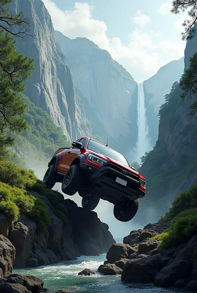 Toyota vigo in downfall position in mountain with water fall and trees without number plate