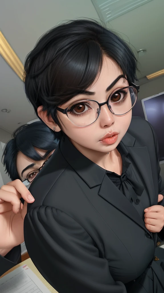Woman, 4, big round brown eyes, oval face, small nose, big mouth, very short black hair, wearing glasses, formal clothes, working in an office