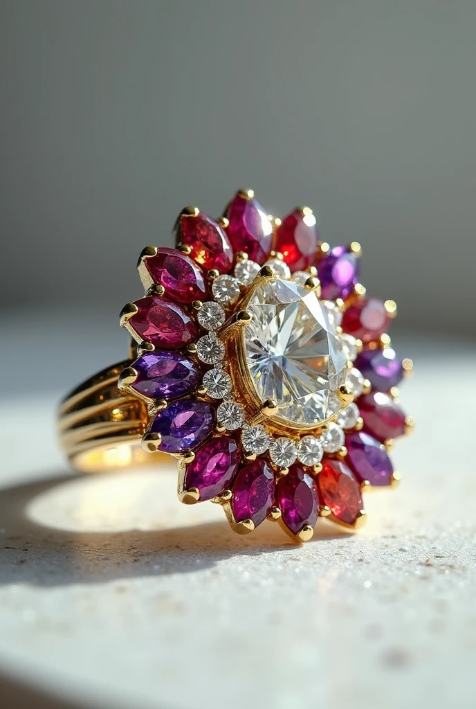 Create a ring with colored stones and a diamond in the center
