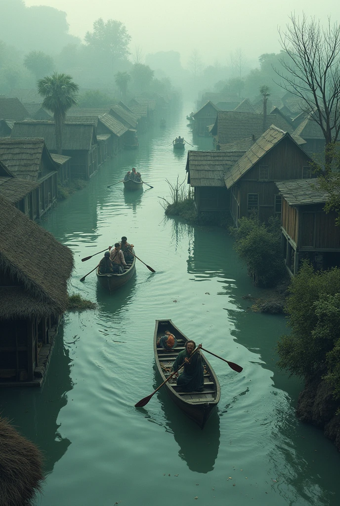 Floodwaters have submerged entire villages and some people are going by boat above the water all around 