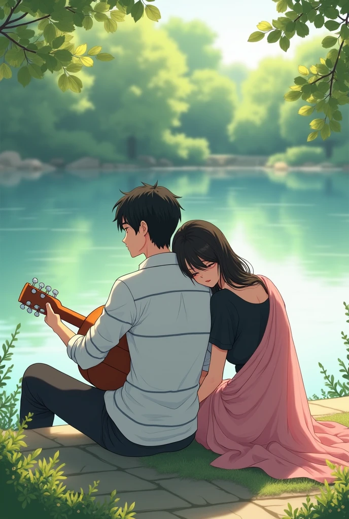 (Photo of backside) ( anime photo) A man and woman sitting next to a lake, man playing guitar, woman wearing soft pink georgette printed shari,black blouse, woman's head on man's shoulder, man wearing a white shirt with thin horizontal blue stripe