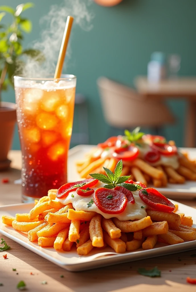 A thumbnail for a restaurant which has pizza fries and a soda in it