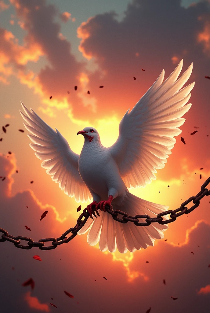 A bloody and chained white dove, sunset view
