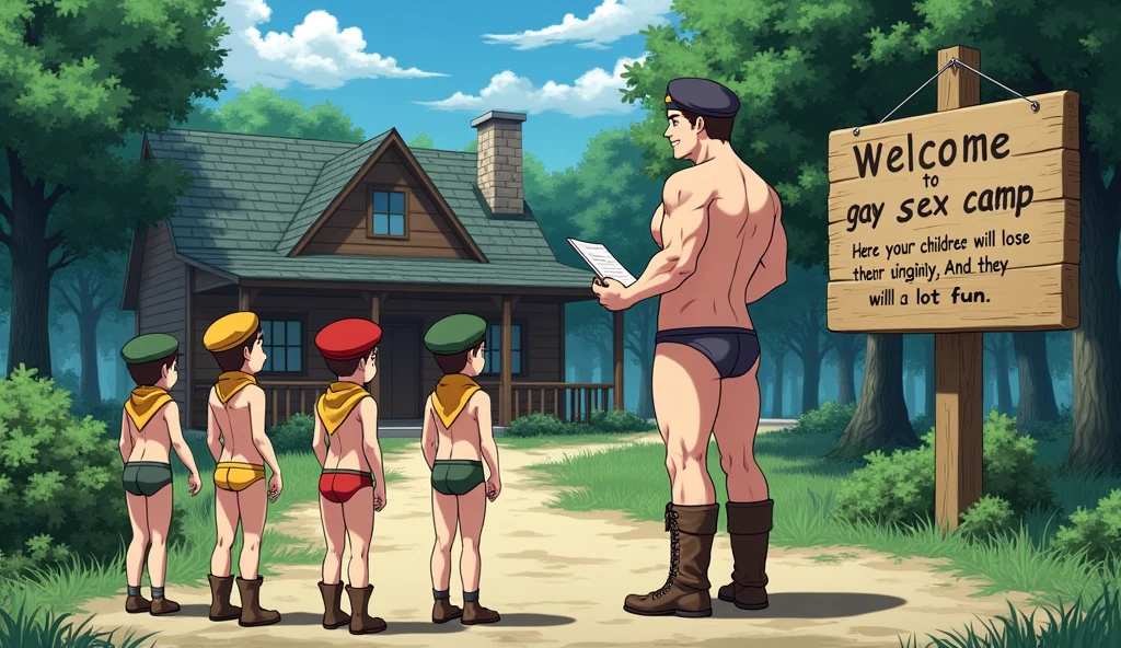 Five boys are wearing a beret and a triangular scarf around their necks. They are also wearing a scout sash. They are only wearing very short underwear that shows a bit of their ass and hiking boots. In front of them is a large, muscular man wearing only a very short thong that shows a lot. He is also wearing a beret and holding a clipboard and pen.. He's wearing boots. They are in a very beautiful forest and in the background you can see a large cabin Camping cabin on the right side there is a huge wooden sign that says Welcome to Gay Sex Camp. Here your children will lose their virginity. And they will have a lot of fun. The image has to be in yaoi shota hot anime.