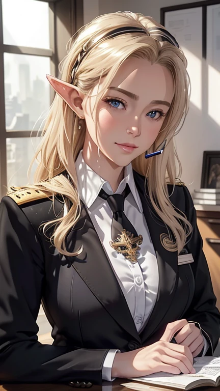 masterpiece, Highest quality, Highly detailed CG Unity 8K wallpapers,((Upper body portrait)), ((Office)), (Long pointy ears), Elegant long wavy platinum blonde hair, ((Average Chest Circumference, Self-illuminating skin)), ((Military secretary in a suit, Troop badge)), (Wet white skin), (Functional Headset, Holding an information device pad), (blush), , (A soft smile), cute, Symmetrical face, fine grain, Key Art, Awards, intricate detail realism hdr, Photorealism, Hyperrealism, Ultra-realistic, Dramatic Light, Nice views, Written boundary depth,