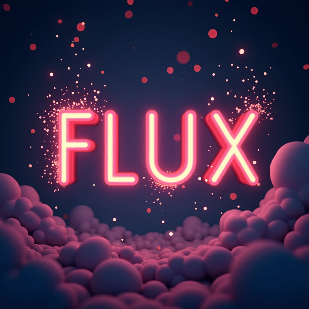 Poster font，The word &quot;FLUX&quot; floats in the air，uppercase letter，Glowing surreal scene，front