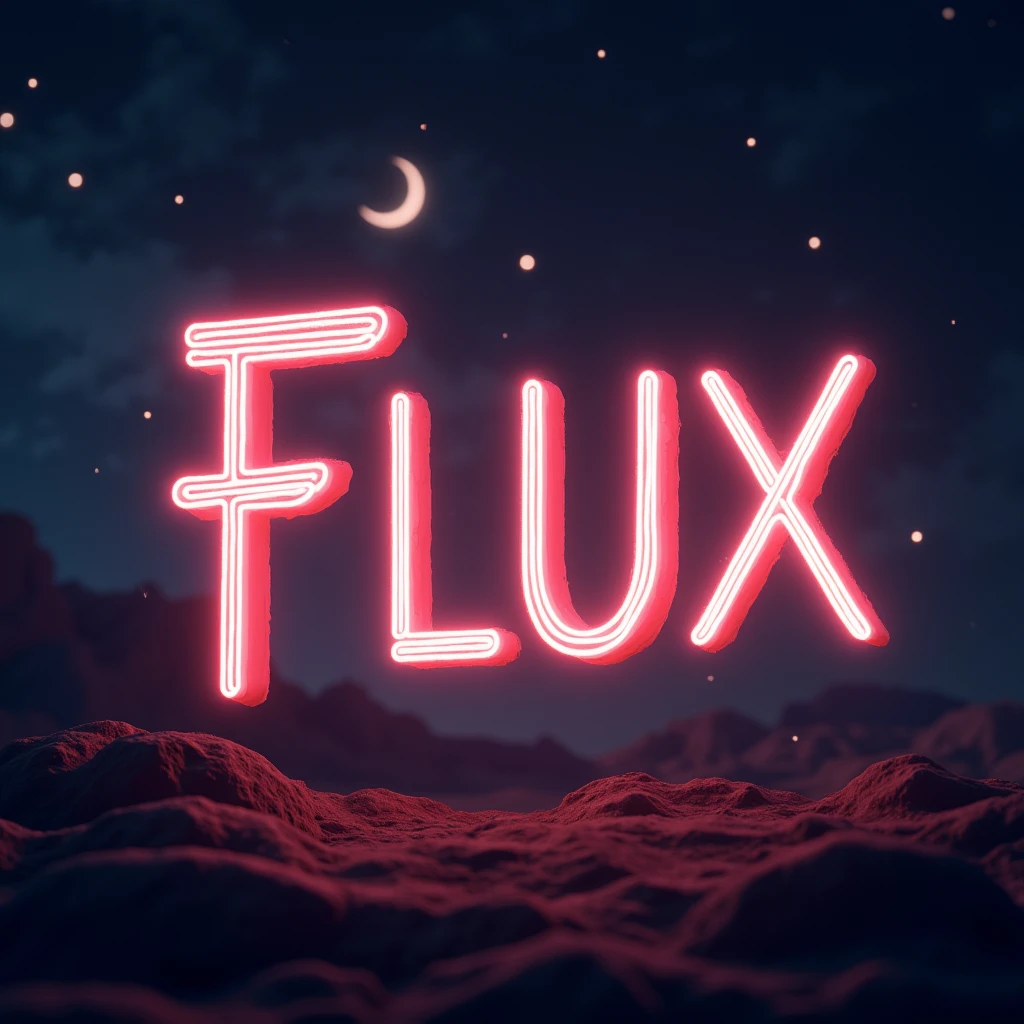 Poster font,The word "FLUX" floats in the air,uppercase letter,Glowing surreal scene,front