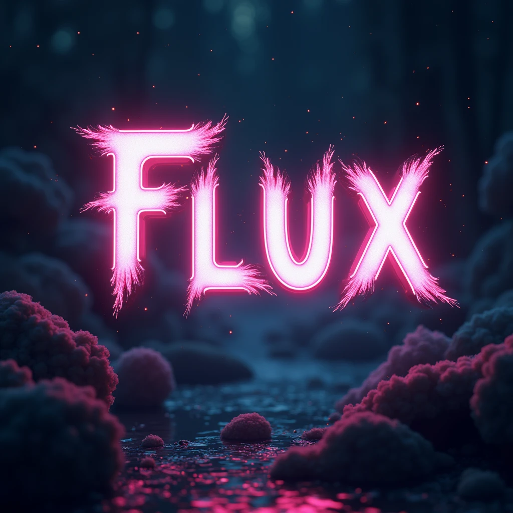 Poster font，The word &quot;FLUX&quot; floats in the air，uppercase letter，Glowing surreal scene，front