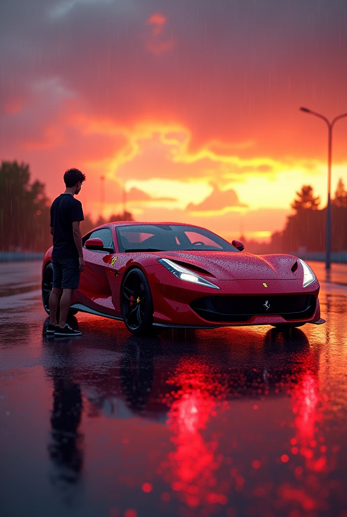 Farari car standing on road in sunset with RGB light ultra realistic in rain fall and 1 boy standing in cars