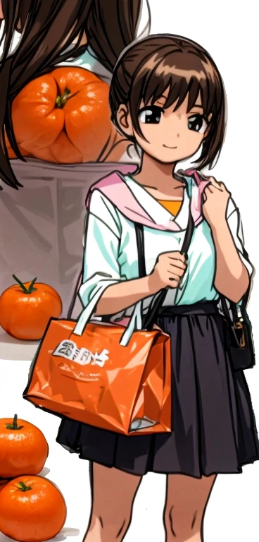 A young girl is standing happily holding a bag of tangerines。