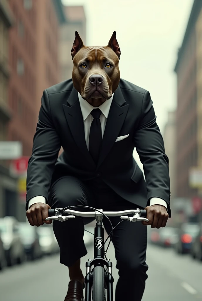 A pit bull on bike with black suit