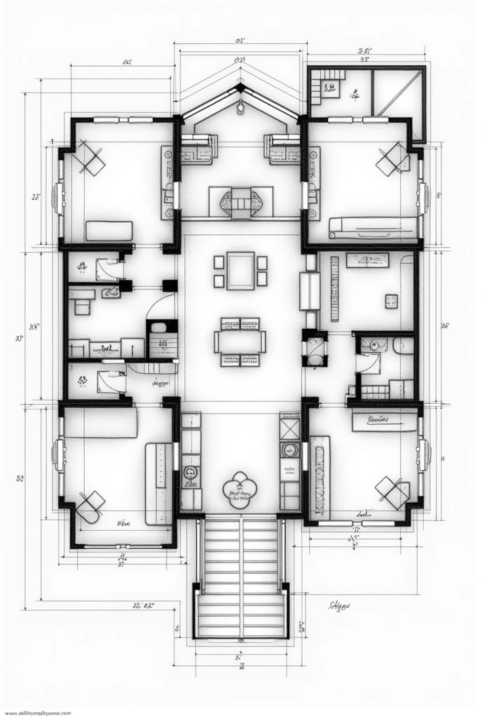 groundloor plan of mansion engineer drafting black and white sketch