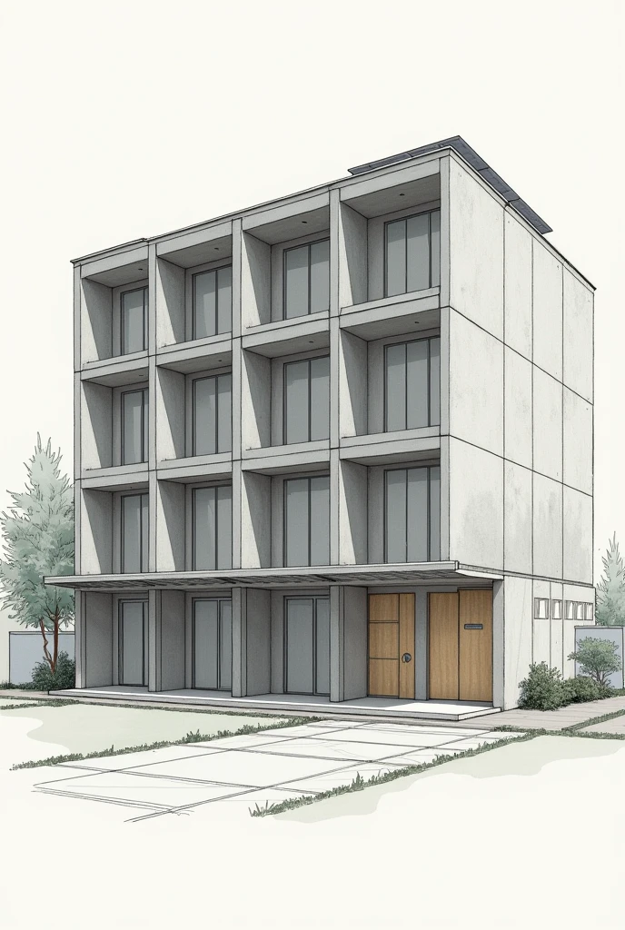Make a sketch of a concrete house with many doors like a boarding house with LED lightson the porch , solar panel at the rooftop and rain water induced system