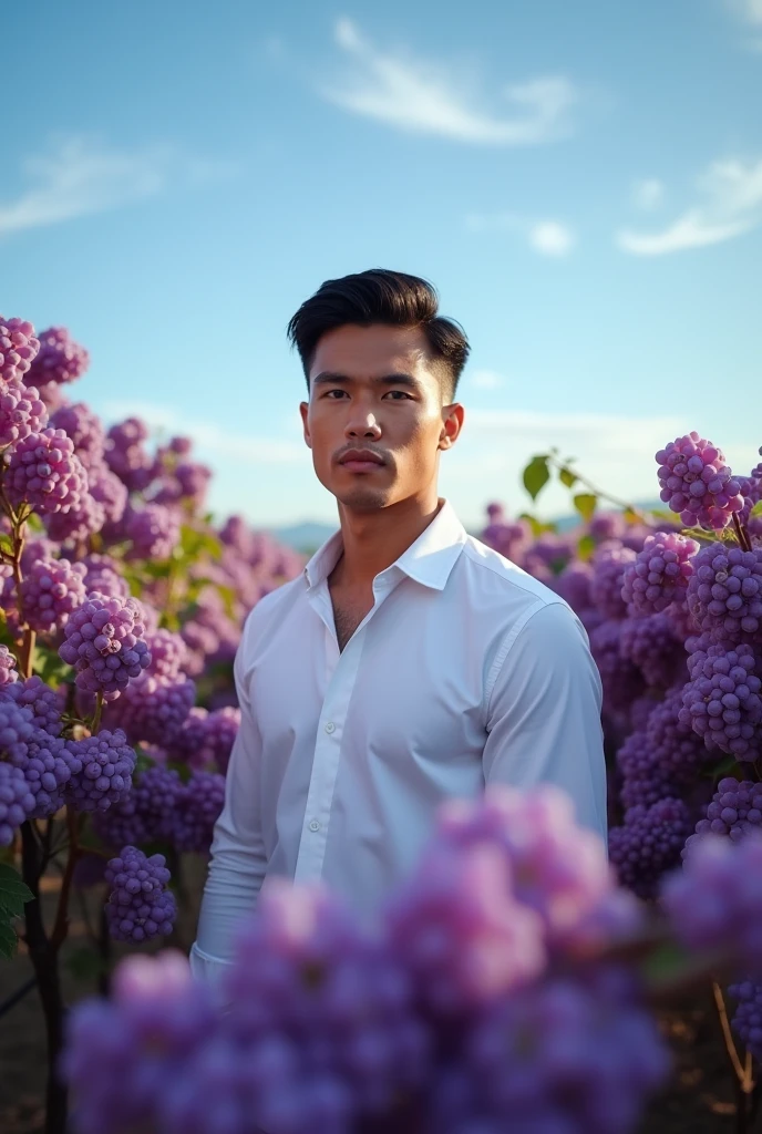 Handsome Thai man tan skin short hair wearing white shirt standing in front of purple grape garden, blue sky in the morning, purple atmosphere