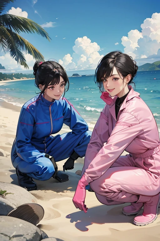 Two mature women with black hair tied up wearing large pink rubber gloves, white rubber boots, and blue long-sleeved jumpsuits squatting and smiling while digging for clams Summer coast