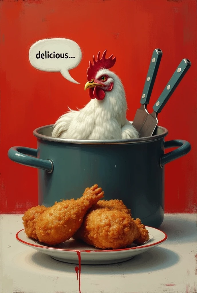 A red and white background, a pot with a fire underneath and a live chicken inside the pot, a crossed two knifes on the top, a fried chicken on aside, the chiken in the pot looking at the fried chicken write "Delicious ..." as a thought on the top of the chicken head
