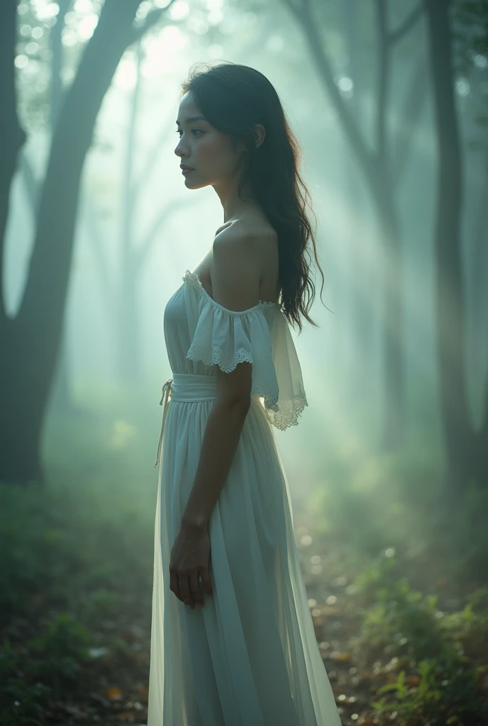A full-body image of a young （thai） woman standing gracefully in a mist-shrouded forest, her profile turned slightly to the left. She is dressed in a flowing, translucent white gown, which subtly reveals the outline of her figure as the soft morning sunlight filters through the trees. Her striking features are beautifully illuminated, adding to the ethereal and serene atmosphere. The overall scene is bathed in a diffused, gentle light, creating a dreamlike and tranquil setting as she stands amidst the quiet, mysterious forest