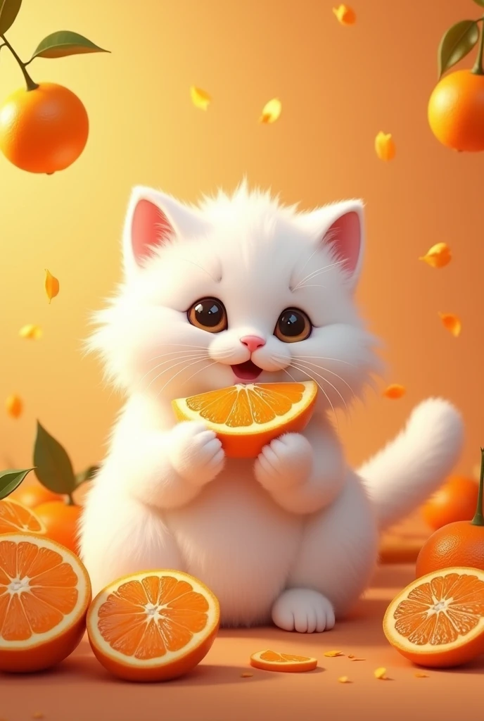 White fluffy cat in tangerines, who eats tangerines, with the inscription Murza