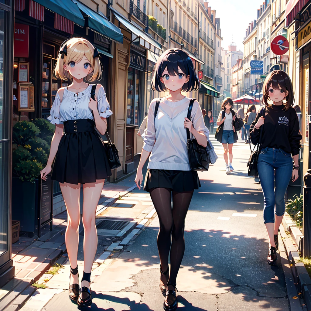 {{{Masterpiece, highest quality, high-resolution background}}}, bright and beautiful atmosphere, 3 girls (, 1 short-tempered round face), small breasts, large travel bag, summer clothes for travel, on the streets of Paris A walking girl, Paris-like mini pigs, a mini pig peeking out of a travel bag, "deltamon_sdXL :0.73) >Deltamon"
