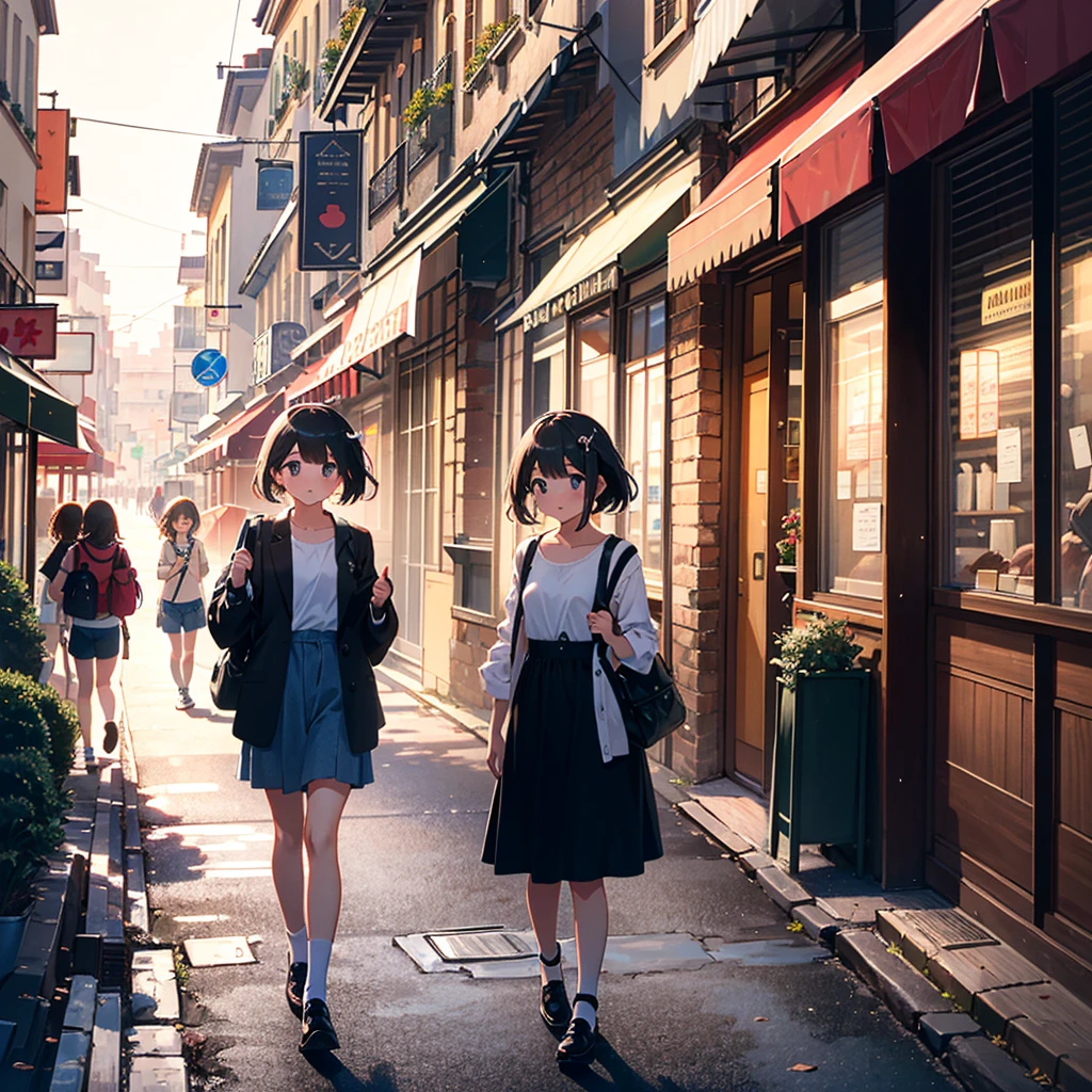 {{{Masterpiece, highest quality, high-resolution background}}}, bright and beautiful atmosphere, 3 girls (, 1 short-tempered round face), small breasts, large travel bag, summer clothes for travel, on the streets of Paris A walking girl, Paris-like mini pigs, a mini pig peeking out of a travel bag, "deltamon_sdXL :0.73) >Deltamon"