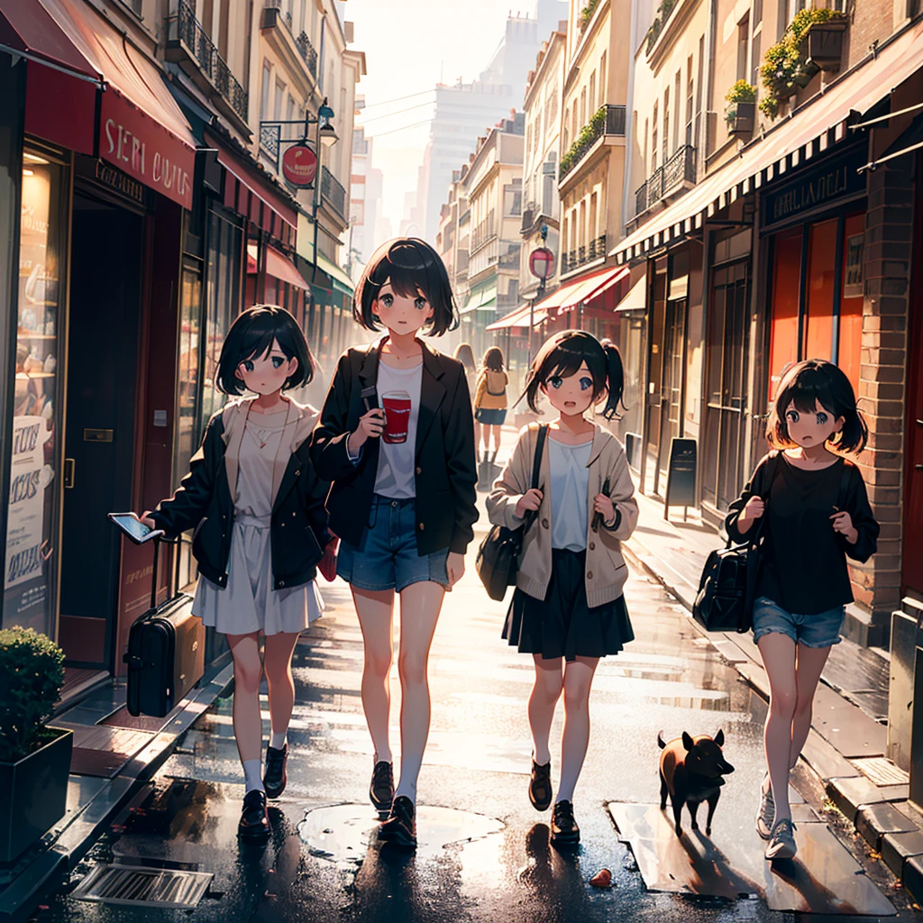 {{{Masterpiece, highest quality, high-resolution background}}}, bright and beautiful atmosphere, 3 girls (, 1 short-tempered round face), small breasts, large travel bag, summer clothes for travel, on the streets of Paris A walking girl, Paris-like mini pigs, a mini pig peeking out of a travel bag, "deltamon_sdXL :0.73) >Deltamon"
