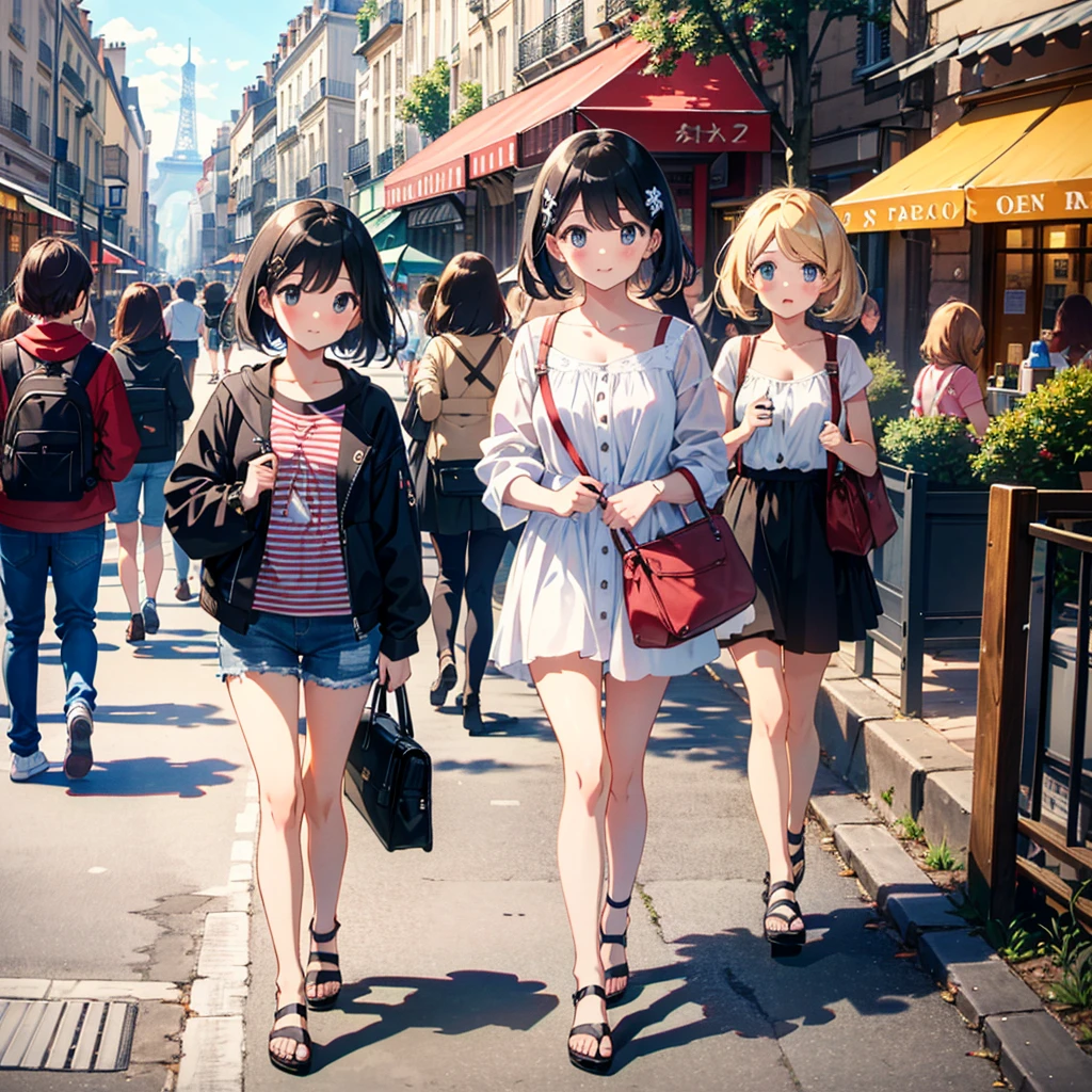 {{{Masterpiece, highest quality, high-resolution background}}}, bright and beautiful atmosphere, 3 girls (, 1 short-tempered round face), small breasts, large travel bag, summer clothes for travel, on the streets of Paris A walking girl, Paris-like mini pigs, a mini pig peeking out of a travel bag, "deltamon_sdXL :0.73) >Deltamon"