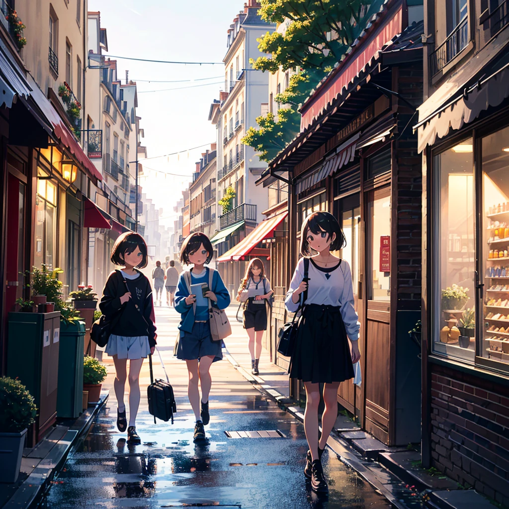 {{{Masterpiece, highest quality, high-resolution background}}}, bright and beautiful atmosphere, 3 girls (, 1 short-tempered round face), small breasts, large travel bag, summer clothes for travel, on the streets of Paris A walking girl, Paris-like mini pigs, a mini pig peeking out of a travel bag, "deltamon_sdXL :0.73) >Deltamon"