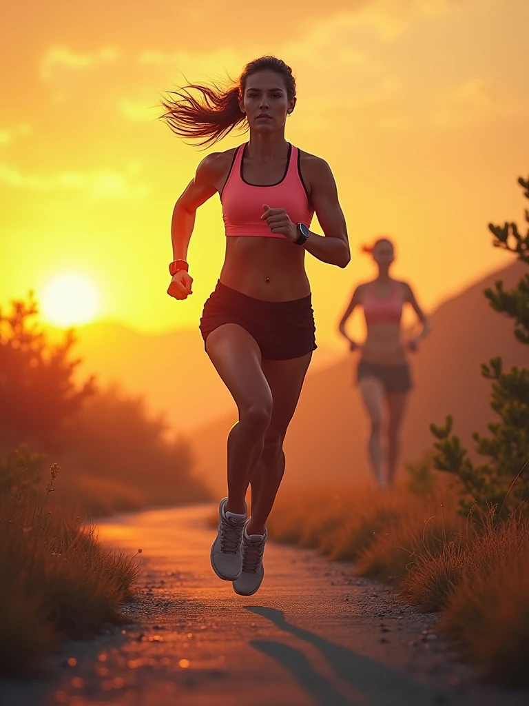 A powerful and inspiring scene of a woman running along a scenic path at sunrise, symbolizing self-improvement and determination. She is wearing athletic gear, with a look of intense focus as she pushes herself further. Behind her, a subtle, ghostly image of her former self, slightly overweight, is visible, representing the old version of herself that she is surpassing. The background features a beautiful landscape with a rising sun casting a golden glow, symbolizing new beginnings and growth. The overall atmosphere is one of empowerment, personal triumph, and the relentless pursuit of self-improvement."