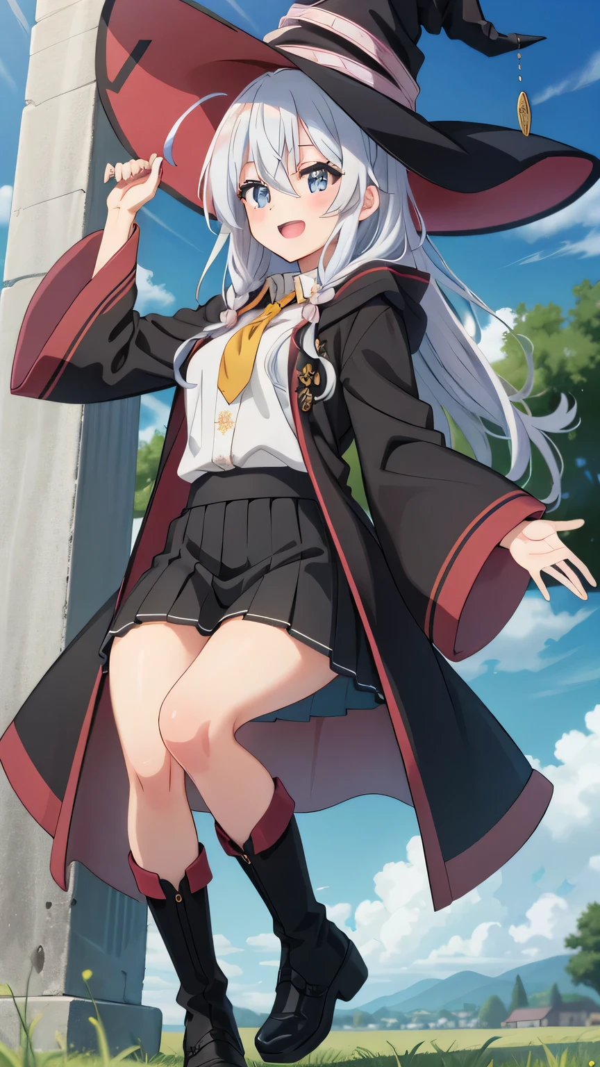 {{{masterpiece}}}, {{{best quality}}}, {{ultra-detailed}}, {illustration}, {{an extremely delicate and beautiful}}, (beautiful detailed eyes:1.6), extremely detailed face, 16k, visual anime de uma jovem mulher, extremamente bonito rosto de anime, anime melhor garota,(High resolution eyes, Beautiful eyes, Light in the eyes), anime face, 1girl, elaina (majo no tabitabi), elaina_majonotabitabi, witch, cute face, long hair, white hair, ahoge, hair between eyes, sidelocks, pink bow, single braid, ribbon on braid, yellow hair clip, blue eyes, bare legs, medium breasts, thin waist, big hips, curvaceous, BREAK, white shirt, witch hat, black headwear, black robe, black skirt, yellow ribbon tie, pleated skirt, open clothes, long sleeves, collared shirt, brooch, wide sleeves, hooded robe, miniskirt, open robe, boots, black footwear, Witch Shoes, BREAK, INCOMING HUG, INCOMING KISS, blush, sorriso alegre, open mouth, visual anime de uma jovem mulher, extremamente bonito rosto de anime, anime melhor garota, sorriso astuto, outdoor, sky, daytime, forest, field