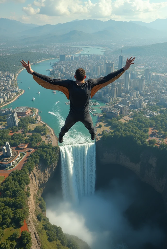 Man flies on sky view an Earth under there is a waterfall in the middle of city with possible wild animals