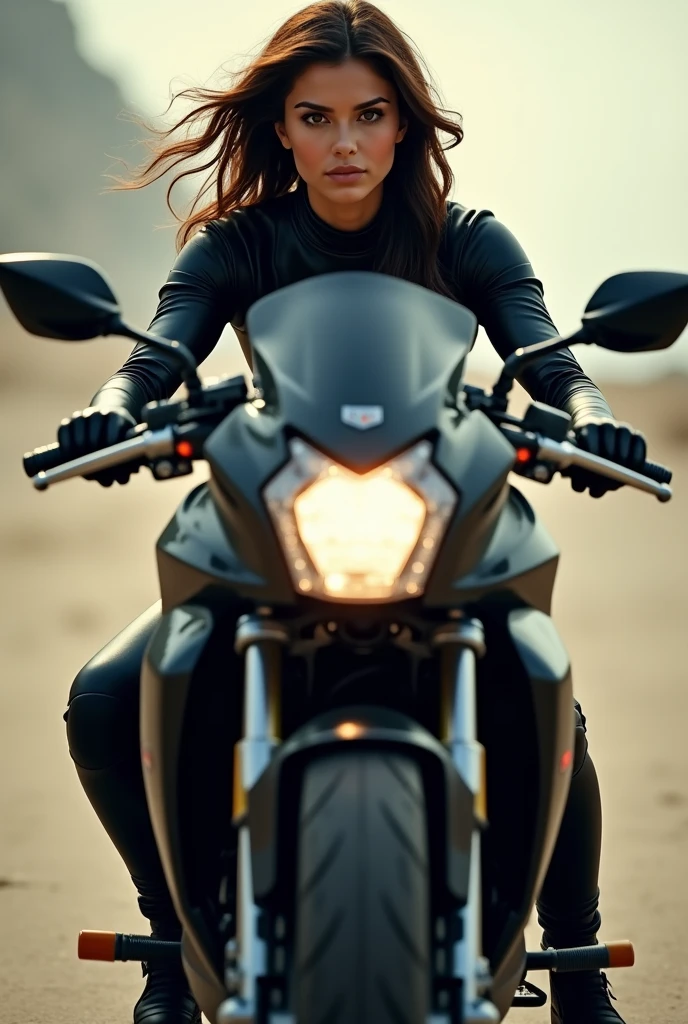 (epicrealism) Femme sur une moto hayabusa, wavy hair that reaches the shoulders, yeux marron claire, type espagnol, Oval shaped face, jaw not defined , small tits, don&#39;t play too hollow, almond eyes, dressed motorcycle suit , large forehead