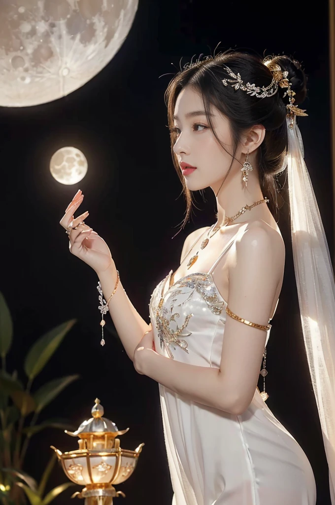 (((best quality))),(((ultra detailed))),(((masterpiece))),illustration,((1 beautiful girl,fairy,Chang'e,solo)),(long straight bob:0.8),((earrings,necklace)),((slim,thin)),((small breasts,flat chest)),(magnificent white Chinese sheer dress:1.3),(stockings:1.3),((moon,Mid-Autumn Festival)),(standing:1.3),(on the moon:1.3),(in luxurious crystal palace:1.3),face bright,exquisite patterns,gold and silver threads,charming,hair accessory,silver hairpin,gemstones,brilliance,luxurious decorations,gold and silver jewelry,transparent windows,crystal balls,gemstone towers,bright moonlight,mysterious and beautiful,enjoy,story of Chang'e,fairyland,(night scene:1.3),((from front,upper body)),